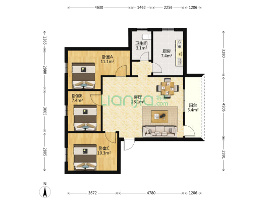 鹏海公寓 3室1厅1卫 85平方