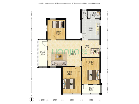 体育路小区 3室2厅2卫 128平方