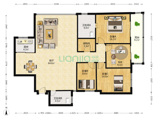 金马花园 4室1厅2卫 176平方