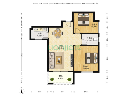 万科金域华庭 2室1厅1卫 84平方