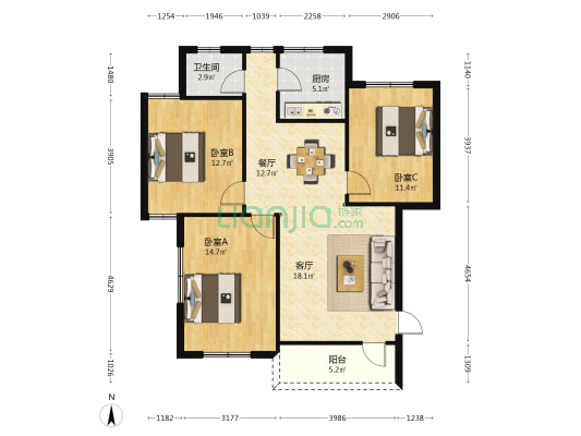 朝福路163号 3室2厅1卫 99平方