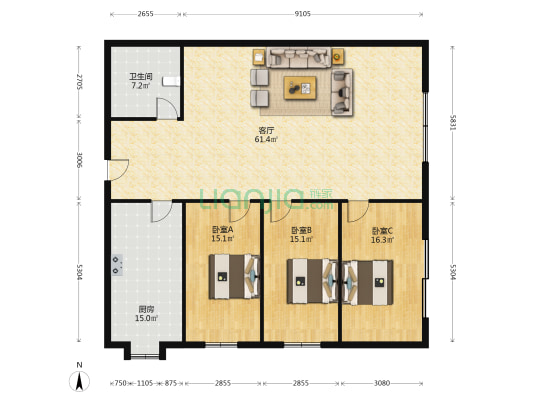 马皇庙18号 3室1厅1卫 160平方
