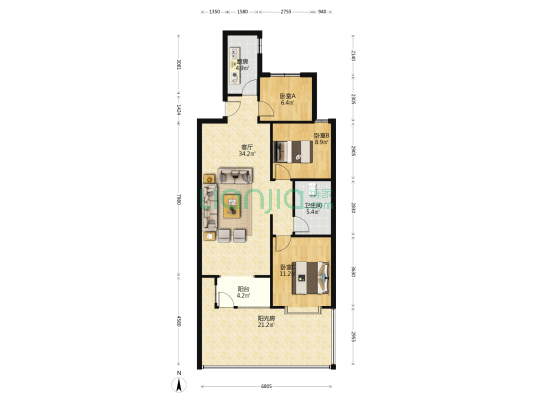 一层带小院南北通透大三居，采光视野好-户型图
