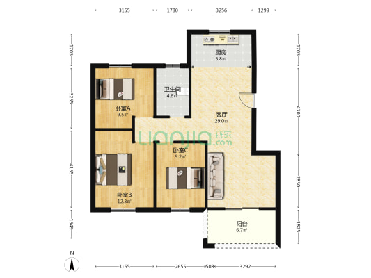 鹿祠家园 3室1厅1卫 97平方