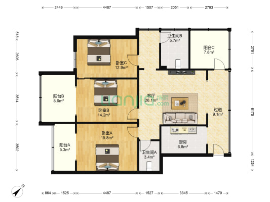 水碾河建设北村60号 3室1厅2卫 113平方