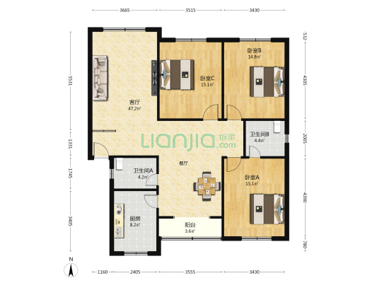怡然居 3室1厅2卫 136平方