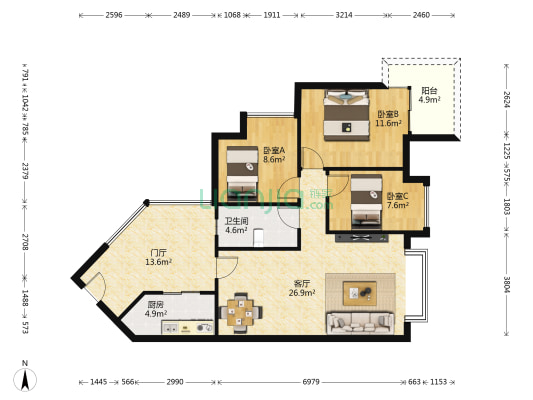 星海名城三期 3室1厅1卫 91平方