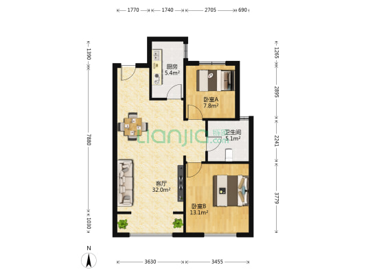 孔雀汇景轩东区 2室1厅1卫 86平方