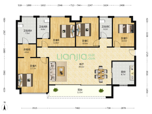 金地香山湖香滨花园 4室1厅3卫 170平方