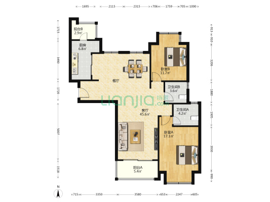 品尊国际一期 2室1厅2卫 130平方