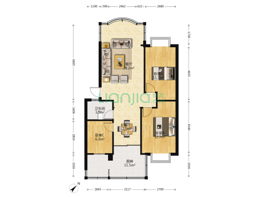 昆明人家 3室2厅1卫 91平方