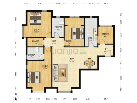 翰林观天下二期东院 3室1厅2卫 148平方