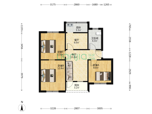 驻马店市林业局家属院 3室2厅1卫 77平方