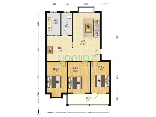 裕丰家园 3室2厅1卫 113平方