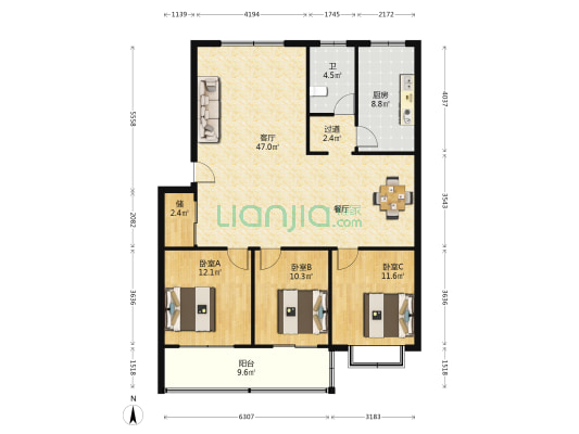 则尔庄北区 3室1厅1卫 134平方