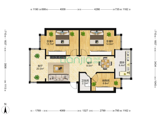 棕树营小区翠华里 2室2厅1卫 66平方