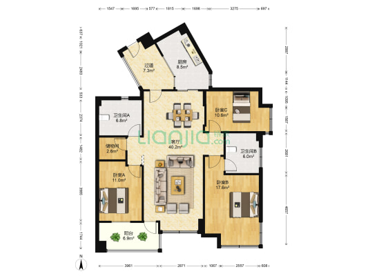 亲亲家园三期 3室1厅2卫 136平方
