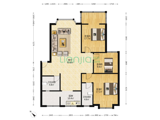 柳河花园西区 3室1厅2卫 129平方