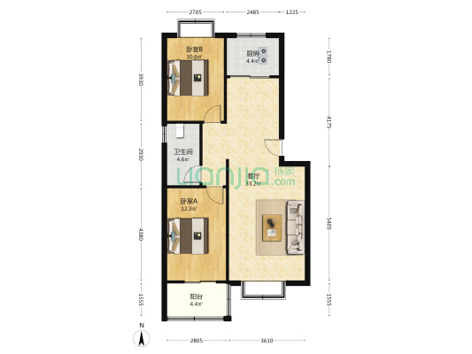 名流枫景洋房精装两居室，南北通透，看房方便-户型图