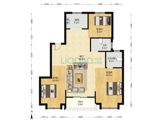 融创雍荣园 3室1厅2卫 116平方