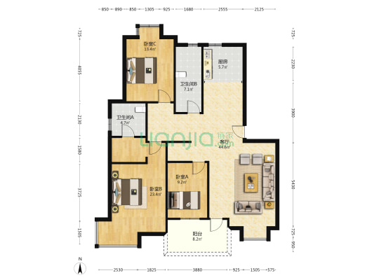 山语银城西区 3室1厅2卫 139平方