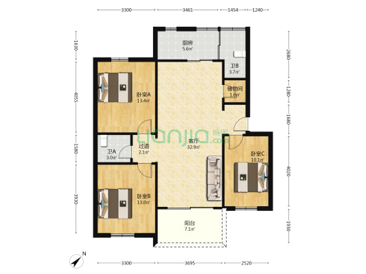 惠州军分区小区 3室1厅2卫 107平方