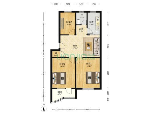 江海西路6号 3室1厅1卫 88平方