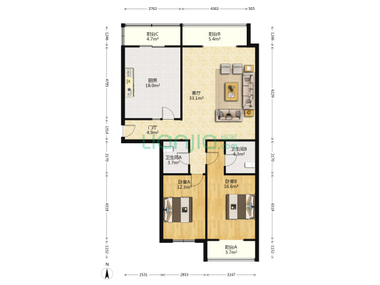 圣水湖畔 2室1厅2卫 140平方
