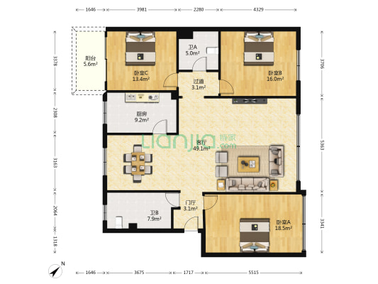 燃气花苑 3室1厅2卫 150平方