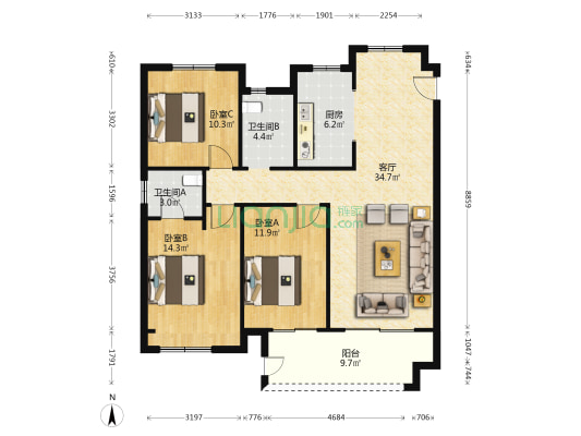 珍宝岛雍景和府 3室1厅2卫 119平方