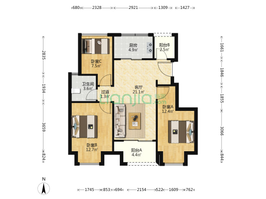 万科四季花城2期风澜 3室1厅1卫 85平方