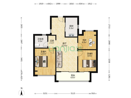 四季都会繁星启东区 3室1厅1卫 89平方
