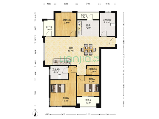 海尚家园东区 2室1厅2卫 127平方