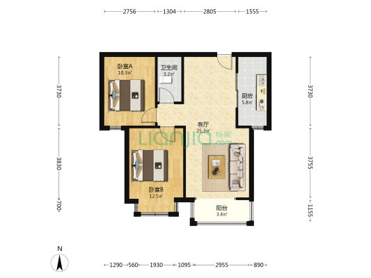 华阳路上电梯房，北京理想城南向装修两居出售-户型图