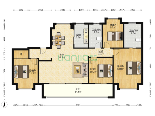 颐和源璟A区 4室1厅2卫 162平方