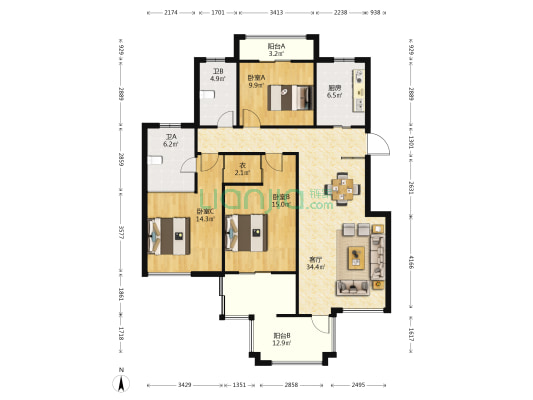 海澜半岛嘉苑东区 3室1厅2卫 128平方