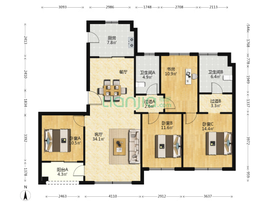 明州水乡邻里花苑 4室1厅2卫 137平方
