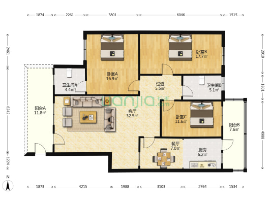 农校宿舍小区 3室2厅2卫 118平方
