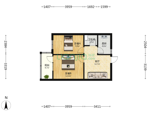 陵后街36号院 2室1厅1卫 59平方