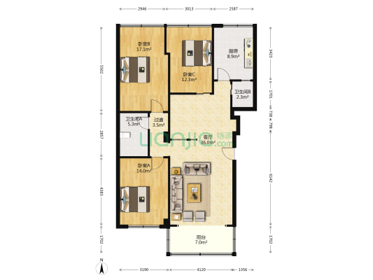 红墙巷86号 3室1厅2卫 107平方
