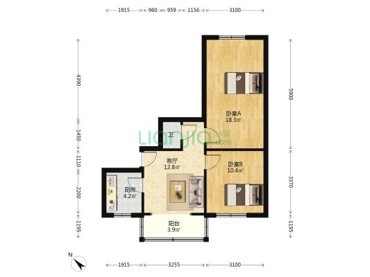 解放路一段2号 2室1厅1卫 60平方
