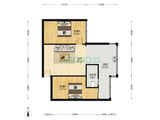 东方新苑 2室1厅1卫 78平方