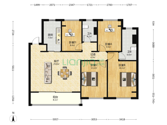 逸品澜岸花苑东区 4室1厅2卫 127平方