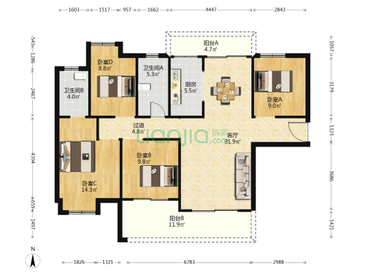 嘉宇北部湾 4室1厅2卫 140平方