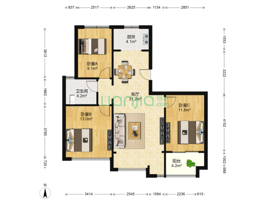 红谷新城 3室1厅1卫 92平方