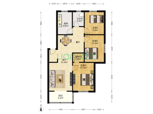 席王小区 3室1厅1卫 107平方