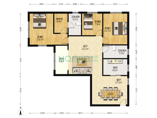 甜爱大楼 3室2厅2卫 129平方