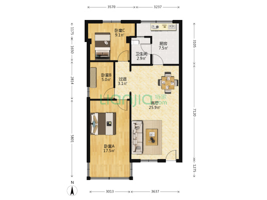 华丽大院 3室1厅1卫 84平方