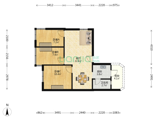 新地花园 3室1厅1卫 71平方