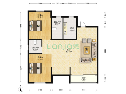 晶海花园 2室1厅2卫 140平方